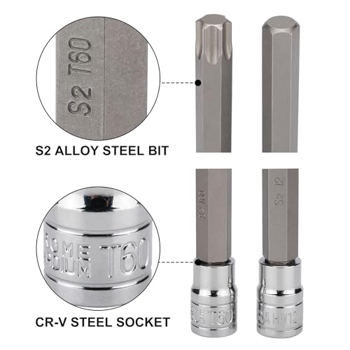 Mayouko 32PCS 3/8" Dr. Extra Long Hex and Torx Bit Socket Set, T10-T60, 1/8"-7/16", 3-12mm, S2&CR-V Steel, 150mm/5.9" Length, SAE&Metric, Long Allen Bit Socket Set - style: Torx&Hex