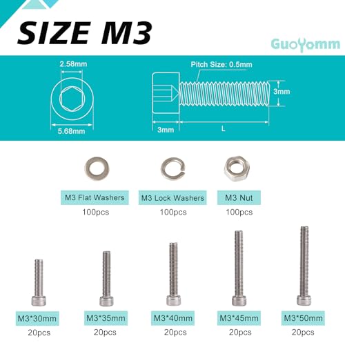 M3 Hex Socket Head Cap Screws Bolts Washers Nuts Assortment Kit - size: Socket M3x30/35/40/45/50 mm