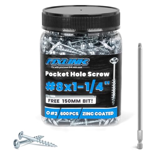 Pocket Hole Screws #8 x 1-1/4 Inch, 600PCS, FIXLINK Interior Pocket Screws | Galvanized, Rust Resistant, Coarse Thread, Square Drive, Washer Head, Zinc Plated, Self Tapping, 150MM Drive Bit Included - size: #8 X 1-1/4"