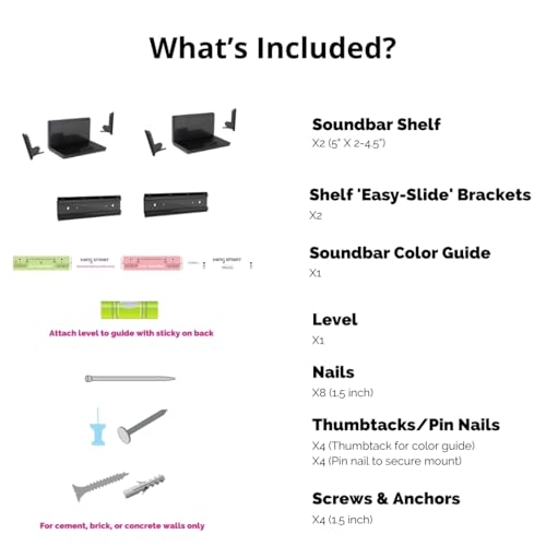 HangSmart TV Soundbar Mount NO Stud Easy Install, DIY Universal Sound Bar Wall Mount Bracket, Holds up to 50LBS, Multi-Purpose fits Most Soundbars, Include Hardware (Black, 2) - color: Black, size: 2 Pack