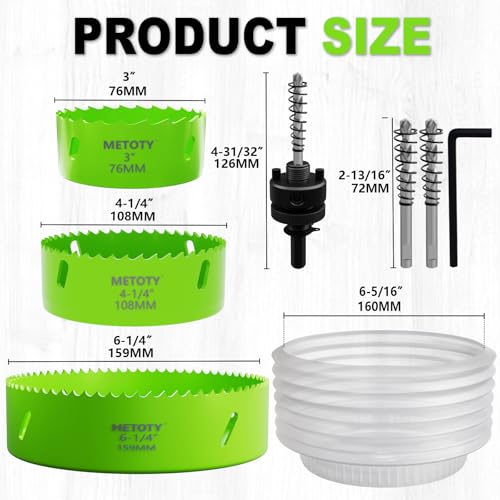 Bi-Metal Hole Saw 3", 4-1/4", 6-1/4" Drill Bits & Accessories 8PCS– Complete Cutting Set for Wood, Thin Metal,PVC– Ideal for LED Lighting Installation - size: 3" & 4-1/4" & 6-1/4"