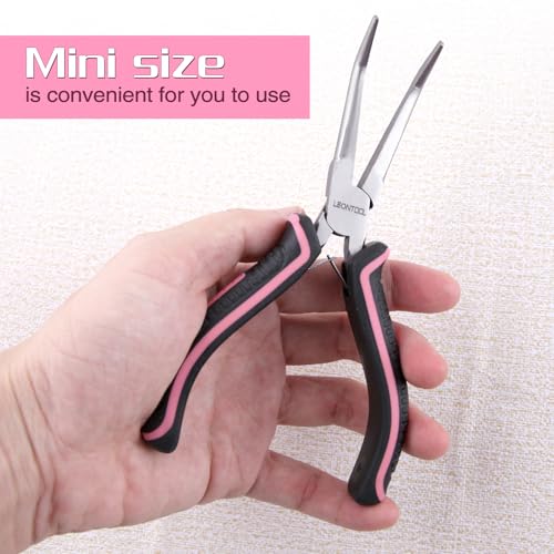Mini Bent Needle Nose Pliers Smooth Jaws Small Bent Long Nose Pliers Tweezers Long Nose Pliers Jewelry Pliers Pink Tool for Jewelry Making, Wire Wrapping and Object Gripping with Soft Grip - style: Bent Needle Nose Plier Smooth Jaws