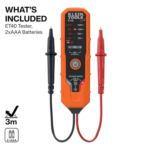 Klein Tools ET40 Digital AC/DC Voltage Tester, 12-240V AC, 1.5-24V DC, LED Illumination, DC Polarity, Auto Off, CAT III 250V-Class 2- Double Insulation, IP41 Dust and Water Resistant - size: 12/240 V Tester