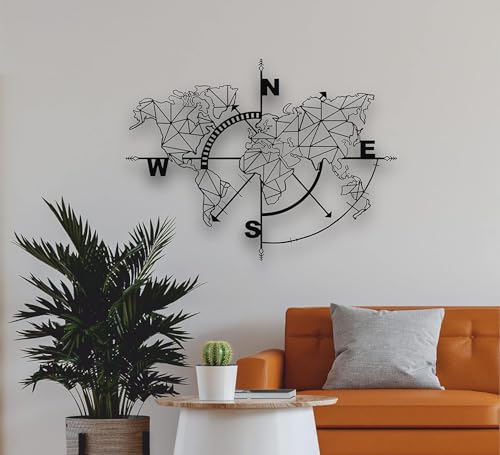 Metal World Map Wall Art Geometric Compass, Wall Decor Art Work, Metal Sign, Home Living Room Decoration, Black (55"W x 41"H / 140x104 cm) - size: 55"L x 41"W