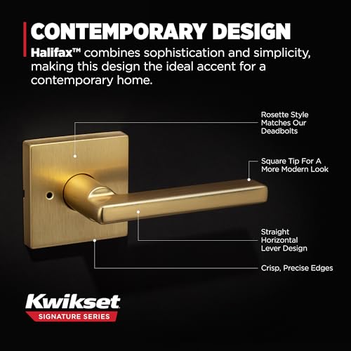 Kwikset 730HFLSQT-4 Halifax Lever with Square Rose Privacy Door Lock with 6AL Latch and RCS Strike Satin Brass Finish - color: Satin Brass, size: 1 Pack