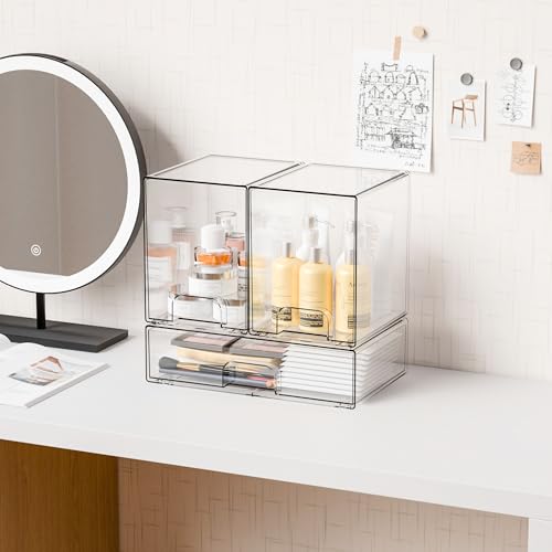 Yieach 3 Set Clear Baby Bottle Organizer for Countertop,BPA FREE Bottle Station Organizer for Breast Pump Parts,Pacifier and Baby Accessories,Stackable Drawers for Bathroom,Cabinet,Pantry Organization - style: 3 PACK