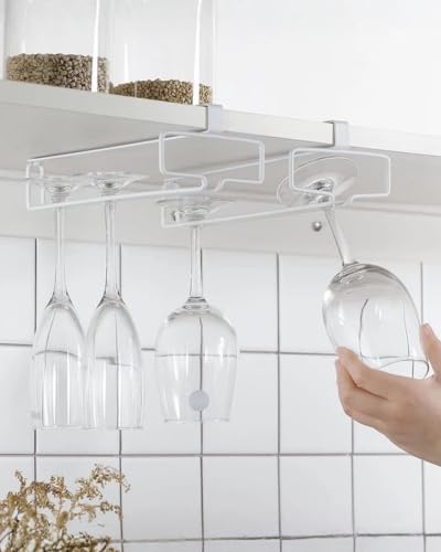 LINFIDITE 2 Pack Wine Glass Holder Stemware Rack Hanger Under Cabinet Wine Glass Rack Kitchen Hanging Storage Rack Organizer,White(For Partition Thickness under 0.98") - color: White, size: Shelf Thickness Under 0.98in