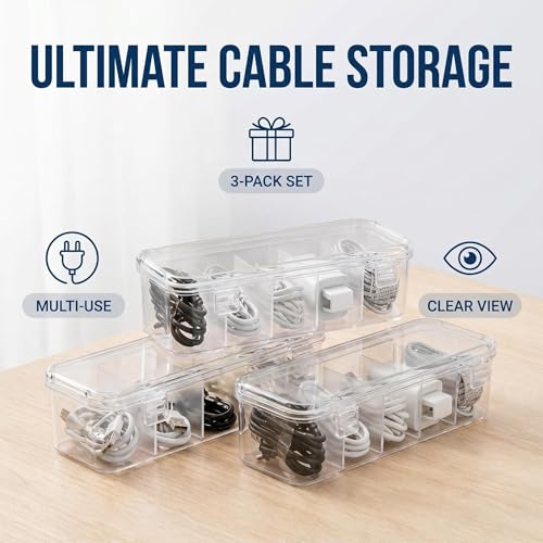 3 Pcs Charger Organizer, Clear Plastic Cord Organizer with Lid, Office Desk Drawer Organizer Box for Chargers, Adapters & Desk Electronics Accessories (15-Compartment)