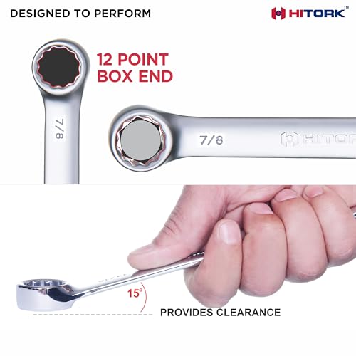 Hitork 11 Piece Combination Wrench Set with Roll Pouch, SAE Sizes (1/4" - 7/8"), Drop Forged Cr-V Steel, Chrome Plated Mirror Finish, 12 Point Box End, 15° Offset, Exceeds ANSI Standards