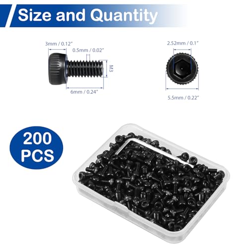 200Pcs M3 x 6mm Hex Socket Head Cap Screws, 12.9 Grade Alloy Steel - size: M3 x 6mm