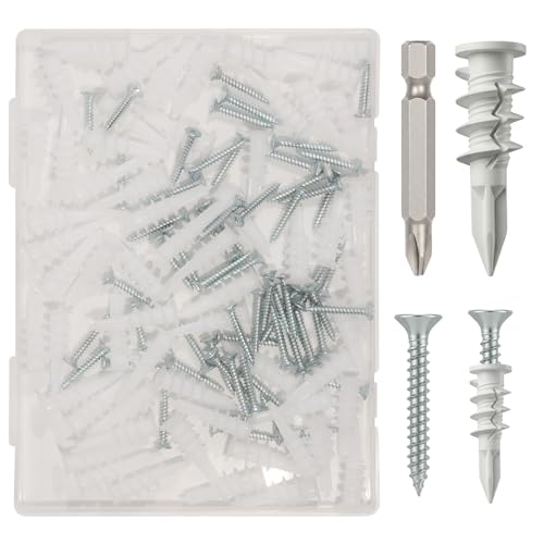 120pcs (60 Sets)-Plasterboard Fixings, Self-Drilling Plasterboard Anchors & #8 Galvanised Screws + Magnetic Screwdriver — 75 lb Hold - color: #8 Screws 120pcs