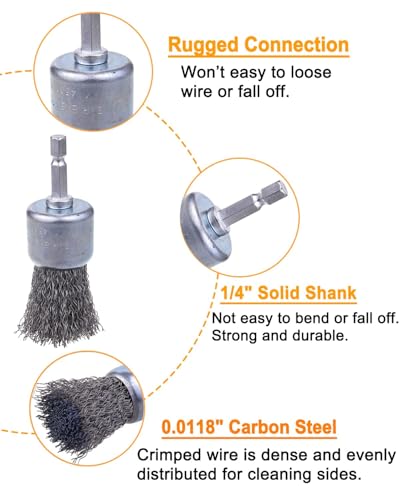 Rocaris 30 Pack Carbon Steel Wire Wheel Brush with 1/4-Inch Hex Shank | 3 Sizes, 13/16", 1", 1-3/16" Inch, Pen Brush for Rust Removal, Corrosion and Scrub Surfaces