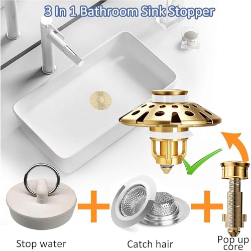 AzWzz Bathroom Sink Drain Strainer, 3 in 1 Pop Up Bathroom Sink Stopper - color: Brushed Gold