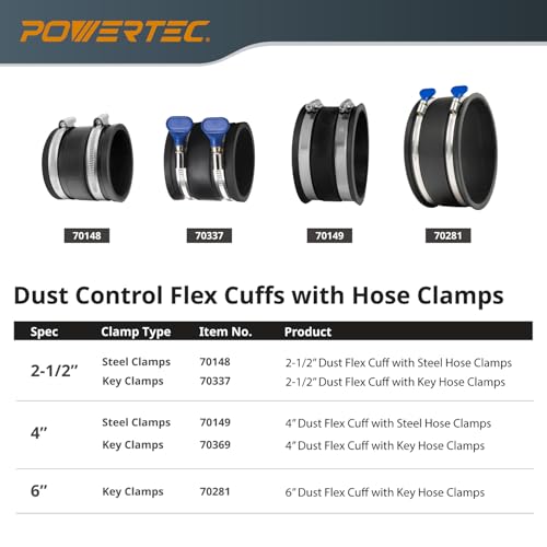 POWERTEC 70149-P9 4 Inch Dust Control Flex Cuff with Steel Hose Clamps, Hose Connector Rubber Cuff Coupler for Woodworking Dust Collection Fittings, Dust Collector Accessories & Machinery, 9 PK - size: 4", 9PK