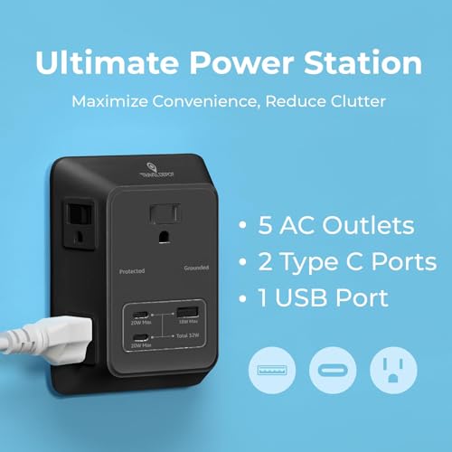 Travel Depot 5-Outlet Wall Outlet Extender with Surge Protector, (Black) | 2 USB-C PD & 1 USB-A Charging Ports, 32W Fast Charging, Multi Plug Wall Adapter, 3-Sided Design for Home & Office - color: Black