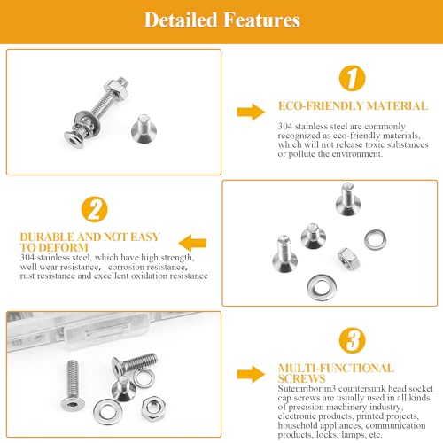 565 Pieces M3 Screws Nuts Washers Set, Sutemribor M3 x 4/6/8/10/12/16/20mm Countersunk Head Socket Cap Screws Nuts Washers Assortment Kit, 304 Stainless Steel, Fully Threaded - size: M3, style: Countersunk Head Socket Cap