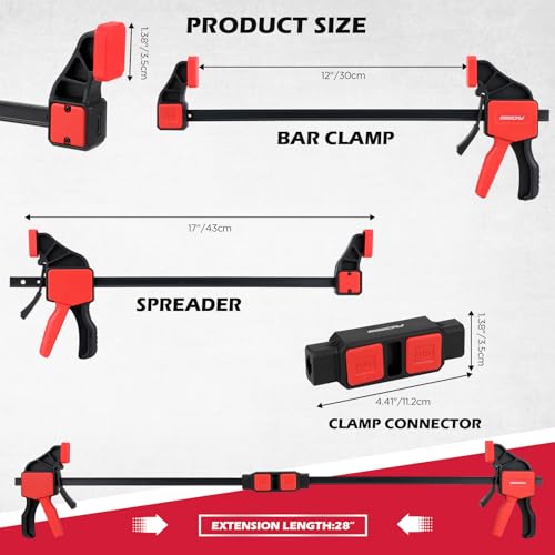 3-Pack 12 Inch Bar Clamps for Woodworking with Clamp Connector, 12" Quick-Release Wood Clamps with 150 LBS Load Limit, Trigger Clamp Set, One-Handed Clamps/Spreader Ideal for Woodworking DIY Projects - style: 12" (3-Pack) | Extends to 24"+