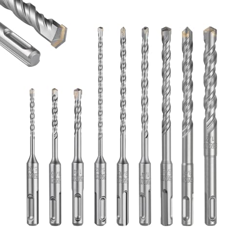 Geinxurn 5/32" x 4" to 1/2" x 6" SDS Plus Rotary Hammer Drill Bits, 9PCS Double Thread Masonry Drill Bits Set Carbide Tipped, Drilling in Brick, Stone and Concrete, Cement Walls - size: SDSBIT09-US