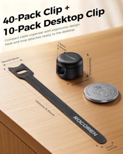 Rocoren 50‑Pack Rotatable Cable Clips & Cord Straps Cable Management Kit
