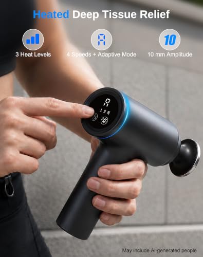 arboleaf Heated Massage Gun Deep Tissue, 3 Heat Levels, Silicone Round Head | massager gun with 5 preset speeds, adaptive pressure mode, 10mm amplitude, 4 heads, USB-C charging, low battery indicator - color: Matte Black