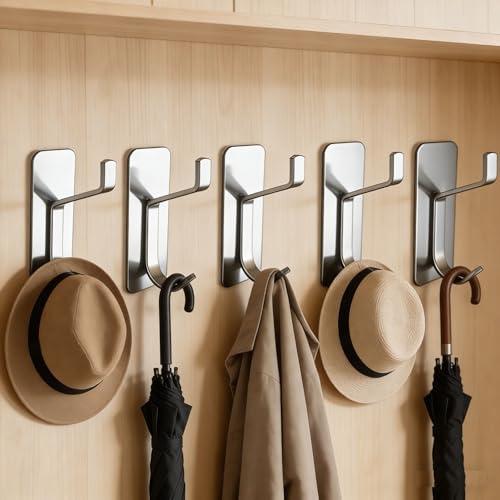 5Pcs Adhesive Wall Towel Hooks, No Drill Waterproof Bathroom Shower Hooks - color: Silver