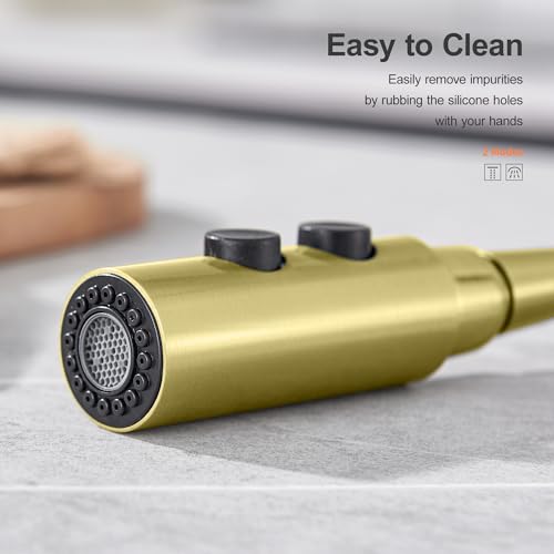 TIORIY Kitchen Faucet Head Replacement Metal, Pull Down Spray Head with 15 Adapters for Kitchen Faucet, 2 Function Kitchen Sink Spray Nozzle, Stainless Steel, Brushed Gold - color: Brushed Gold