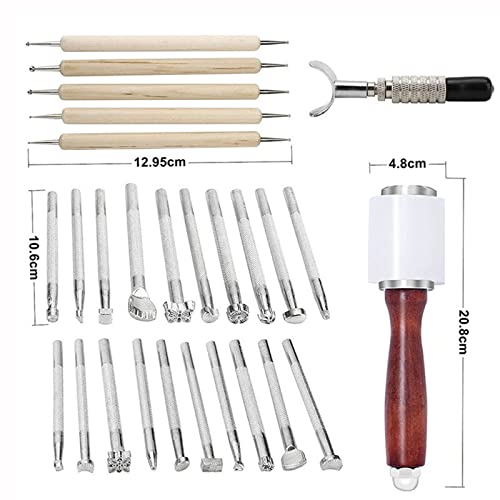 31 PCS Leather Craft Set, Include 20 Leather Stamping Tools, 1 Leather Hammer, 1 Swivel Knife, 5 Tracing Pen and 4 Tracing Paper, Leather Carving Tools Kit for Leather Crafting - color: 31 Pcs