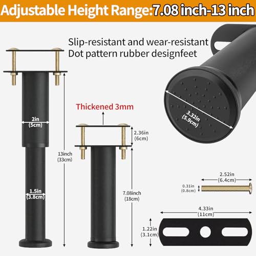 VinBee Bed Support Legs,Adjustable Bed Legs 7.08–13 inch,Adjustable Furniture Legs Heavy Duty Bed Frame Support Leg Replacement for Furniture & Platform Slat Supports 4 Pack
