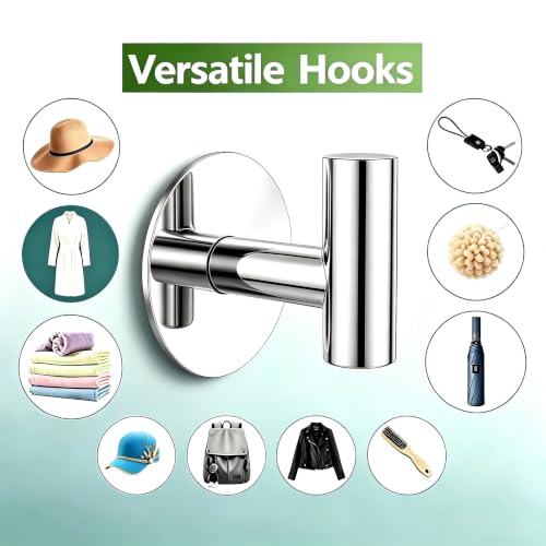 Stainless Steel Adhesive Hooks, Heavy Duty Wall Hooks, Towel Hooks for Hanging Robes, Aprons, Coats and Hats in Bathrooms,Kitchens and Hotels(2 Pack, Chrome) - color: Chrome, size: Adhesive "T" Shape- 2 Pack