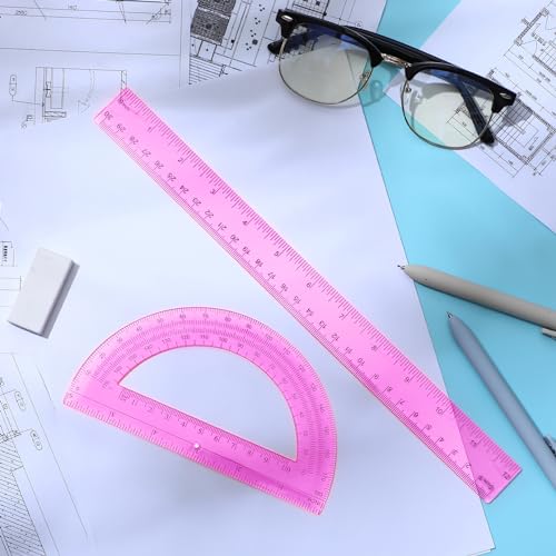 Zonon 2 Pcs 12 Inch Clear Ruler and 6 Inch Plastic Protractor Set, Pink - color: Pink