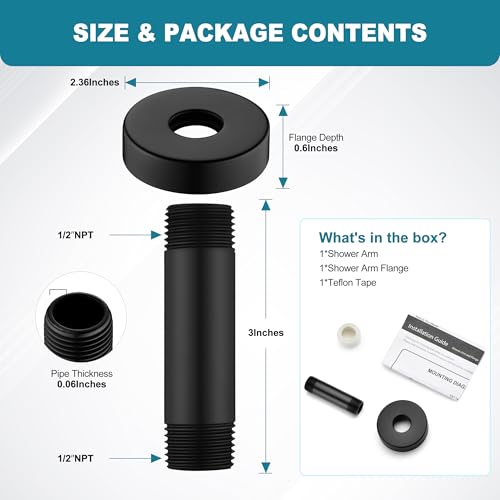 BRIGHT SHOWERS Shower Arm with Flange for Rainfall Shower Head, 3 Inch Ceiling Mount Straight Arm, Replacement Extension Pipe, Heavy-Duty Stainless Steel, Rust-Resistant, 1/2" NPT, Matte Black - color: Matte Black, style: 3 Inch