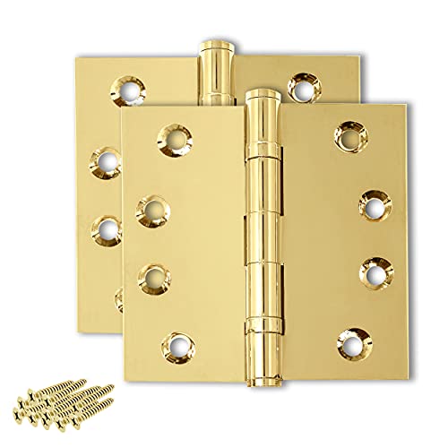 Solid Brass Door Hinge Heavy Duty Ball Bearing Polished Shiny Gold 4x4 Inch - Set of 2 Hinges (Polished Brass) - color: Polished Brass