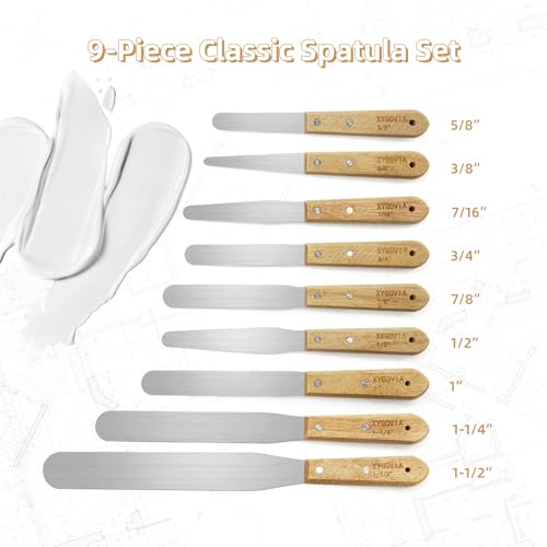 9-Piece Caulking Spatula with Wooden Handle, Professional Stainless Steel Caulk Tool Set Finishing Tools, Streamline Spatulas for Caulk Application - color: 9PCS