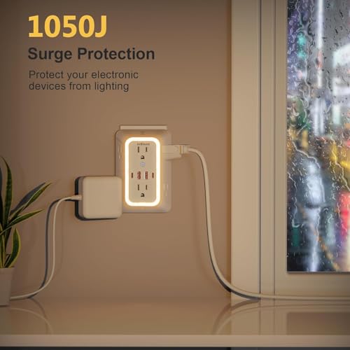 Outlet Extender with Night Light, Multi Plug Outlet Surge Protector,6 Outlet Splitter with 4 USB Outlet (2 USB A,2 USB C) 3 Sided Multi Plug Wall Adapter Power Strip for Home Travel Office 2 Pack - color: White-2Pcs