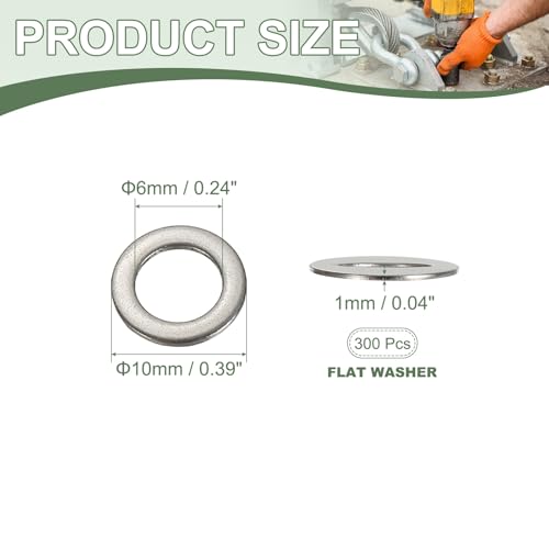 Flat Washers, 304 Stainless Steel Hardware Assorted Washer, 10 x 6 x 1 mm Fit for Bolts Screws Industrial Use (300 Pack, Silver) - size: 10 x 6 x 1 mm