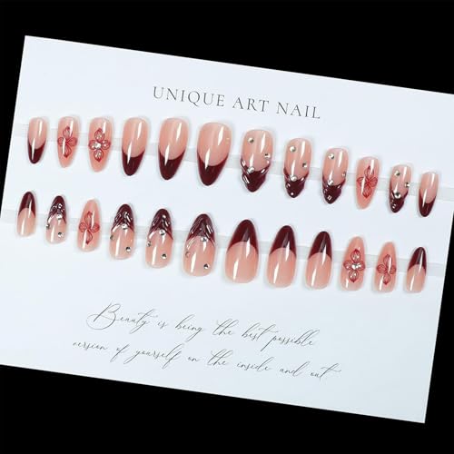 24PCS Red French Tip Press on Nails Almond 3D Flower Fake Nails Medium Diamond Designs Full Cover Glossy Stick on Nails Manicure - color: red french tip flower