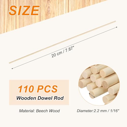 PATIKIL 1/16 x 8 Inch Wooden Dowel Rod, 110 Pcs Wood Dowels Unfinished Round Wood Sticks Hardwood Sticks for Craft DIY Projects Home Decor, Natural Color - size: 1/16 x 8 Inch