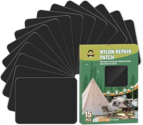 OAZ 15 Pieces 3.5 x 4.7 inch Nylon Repair Patches Nylon Fabric Patch Self-Adhesive Tent Repair Tape Waterproof Lightweight Repair Patches Repair Patch Kit for Clothing Down Jacket Bag (Black) - color: Black, size: 3.5" x 4.7"