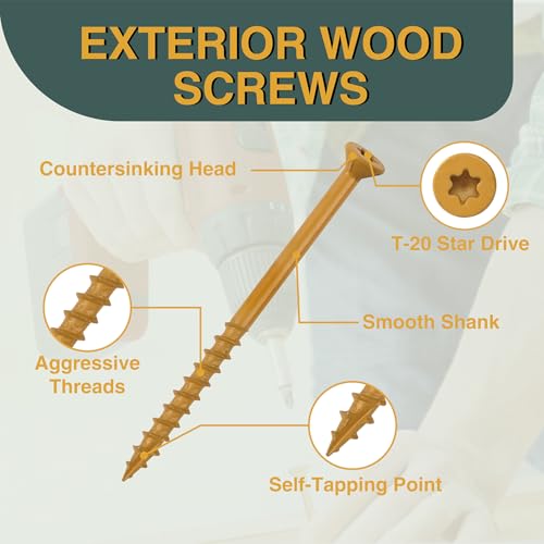 T.K.Excellent Deck Screws 2 Inch Wood Screws #8 x 2, 630 Pcs, Rust Resistant Structural Screws Tan Exterior Fence Screws Torx Drive Screws, Two T20 Bits, Brilliant Yellow Ruspert Coating Rust Proof - size: #8×2