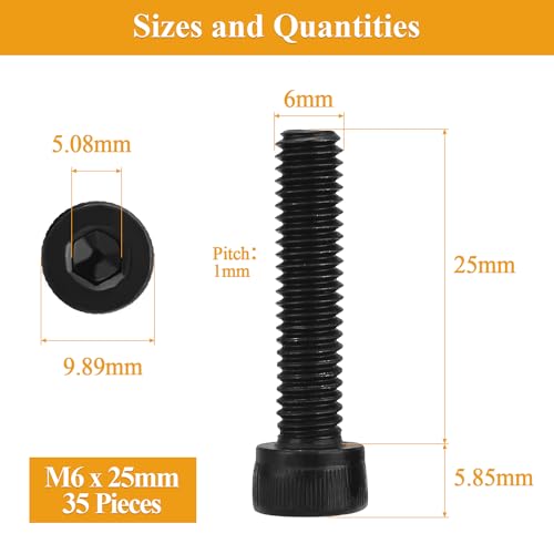 35 Pieces M6 x 25mm Socket Head Cap Screws, Thread Pitch 1.0mm, Sutemribor M6 Black Screws, 12.9 Grade Alloy Steel, Black Oxide Finish, Fully Threaded - size: M6 x 25mm, style: Socket Head