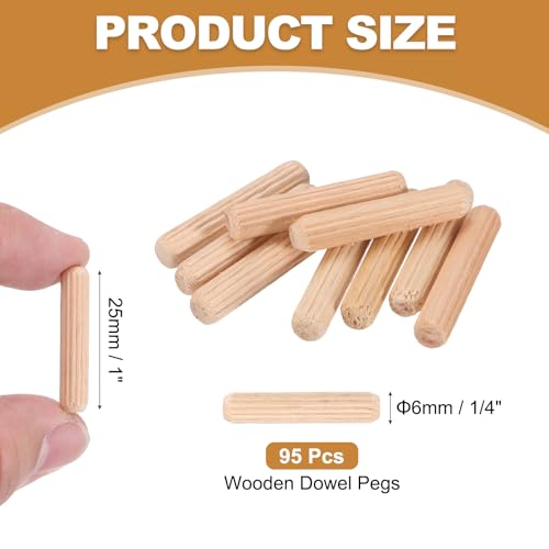 PATIKIL 95 Pcs Wood Dowel Pins 1/4" x 1" Fluted Wooden Dowels Hardwood Pegs for Woodworking Furniture DIY Crafts Projects Door Art - size: 1/4" x 1"