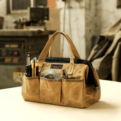 Tool Tote, 13-inch Heavy Duty Waxed Canvas Wide Mouth Tool Bag, Open Top tool Pouch with Handle for Tools, Wrenches, Screwdrivers (13 X 7 X 9 inch) | Khaki - color: Khaki, size: 13 Inch