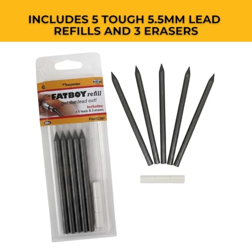 FastCap Fatboy Refill with 5 Replacement Leads and 3 Erasers - Perfect for Architecture Supplies and Construction Tools for Home Improvement - 5.5 mm HB2 Lead - 01018