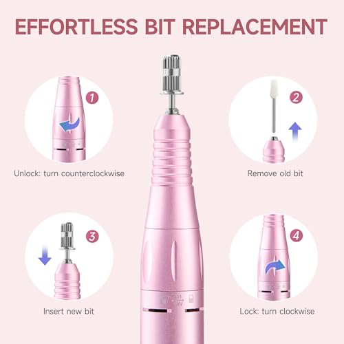 Professional Nail Drill, 45000RPM Rechargeable Cordless Electric File,Pink - color: Pink