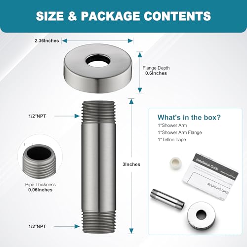 BRIGHT SHOWERS Shower Arm with Flange for Rainfall Shower Head, 3 Inch Ceiling Mount Straight Arm, Replacement Extension Pipe, Heavy-Duty Stainless Steel, Rust-Resistant, 1/2" NPT, Brushed Nickel - color: Brushed Nickel, style: 3 Inch