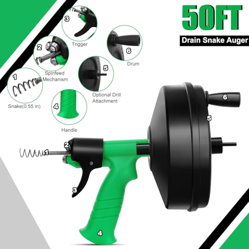 50 Ft Drain Snake, Fast Unclog Snake, 1/4 Inch, Green