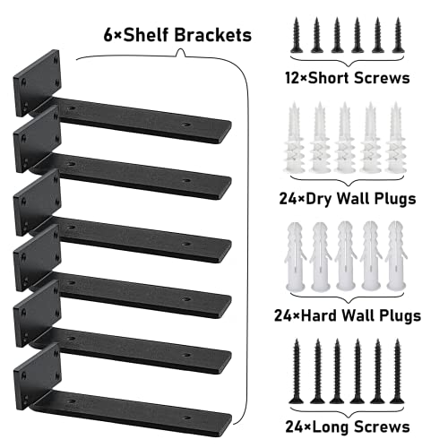 Shelf Brackets Heavy Duty, 5mm Thick Rustic Shelf Brackets for Custom Wood Shelves, 12 Inch Solid Steel Black Shelf Brackets with Hardware Needed (6Pcs) - color: Black, size: 12 Inch