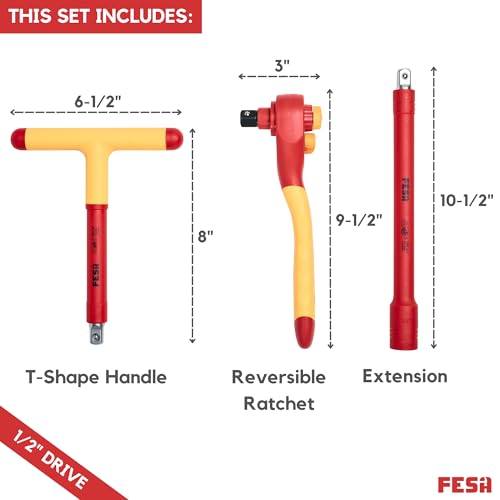 FESA Electrician Insulated Socket Set - 1000V 20-Piece Professional Insulated Ratchet & Socket Wrench Set (1/2" Drive) w/ 4 Hex Bits, T-Handle & Extension - 1000 Volt Insulated Tools for Electricians - style: 1/2" Drive (Storage Case)