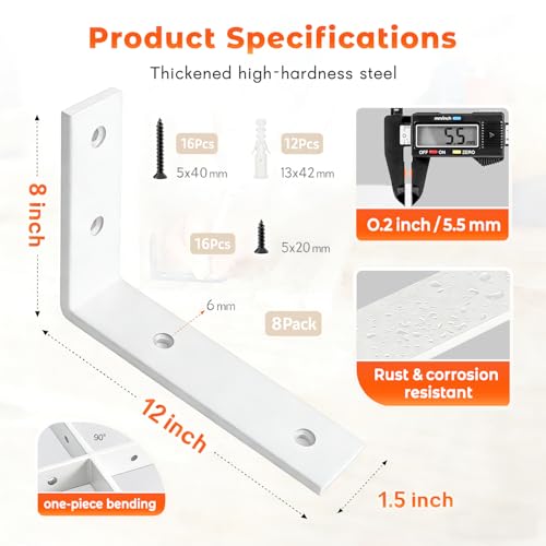Shelf Bracket 6 Pack 12" Lx8 H 5mm Thick Heavy Duty White L Brackets - color: White-8pack, size: 12"Lx8"Wx1.5"W