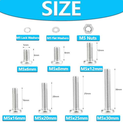 210pcs M5 Phillips Pan Head Machine Screws, Metric Screws Bolts Washers Nuts Kit, 304 Stainless Steel (M5 x 6mm / 8mm / 12mm / 16mm / 20mm / 25mm / 30mm) - size: M5, style: Phillips Pan Head